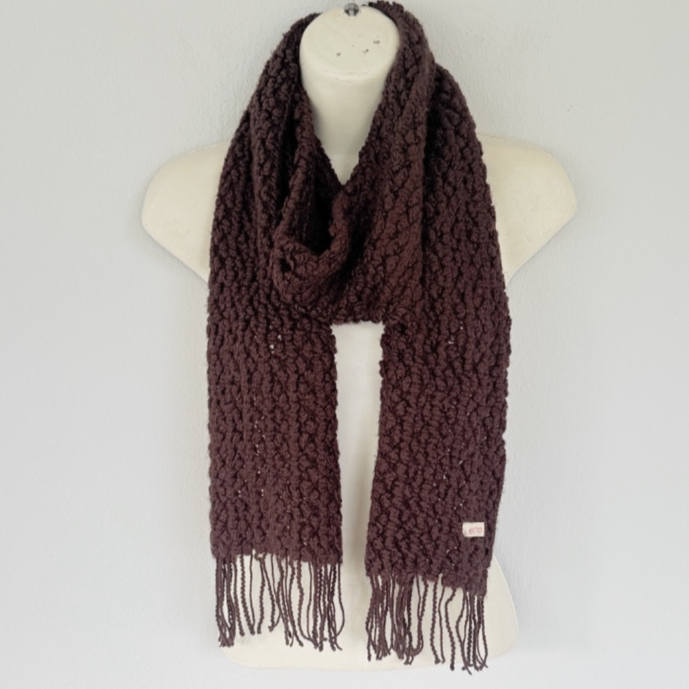 ECHO dark brown textured knit tassel fringe trim winter scarf one size